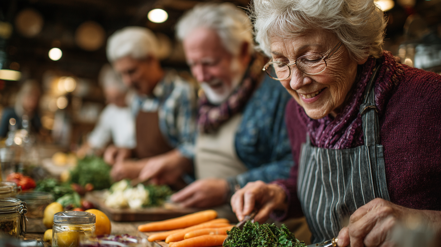 Щаслива сім'я старшого віку за столом з здоровою їжею