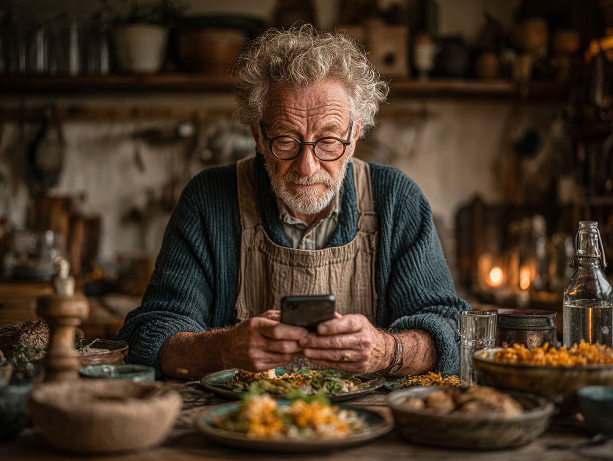 Людина старшого віку з калькулятором та здоровими продуктами